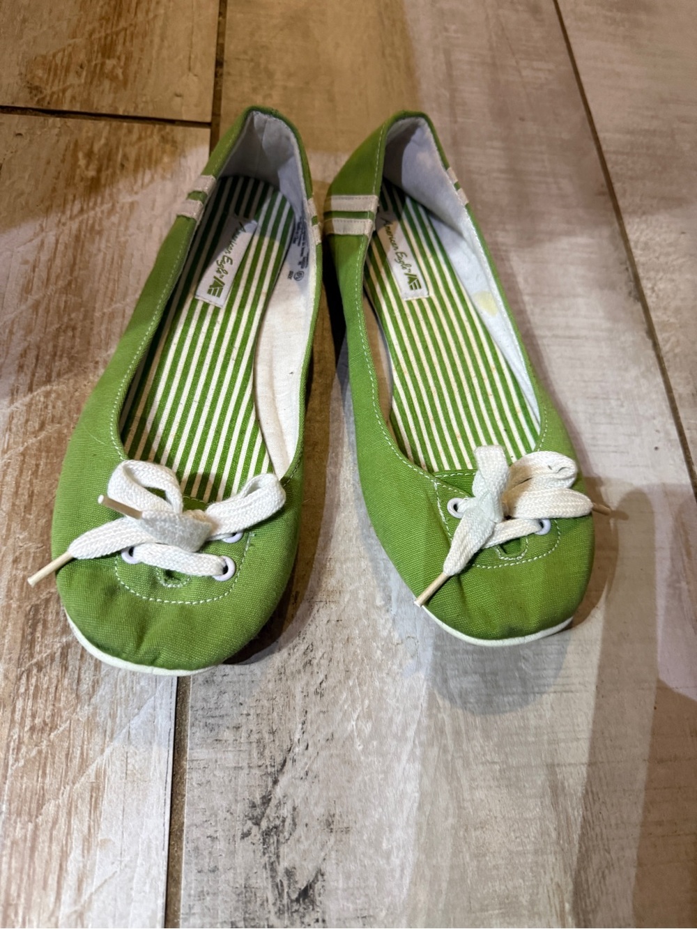 American Eagle Outfitters Olive Green Canvas Ballet Flats with White Bow